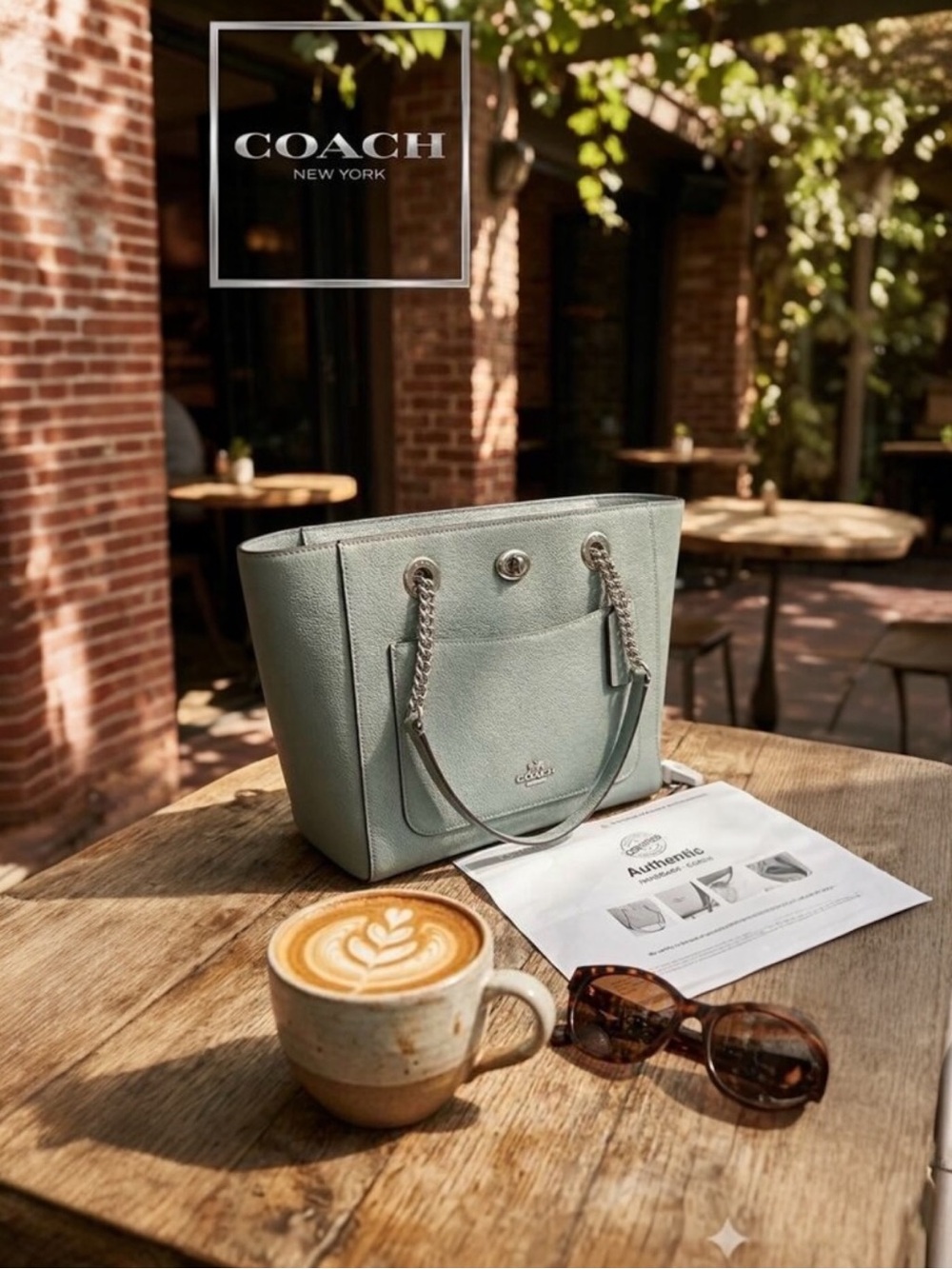 Coach Turnlock Chain Tote 27 - Sage Polished Pebble Leather NWT - AUTHENTICATED